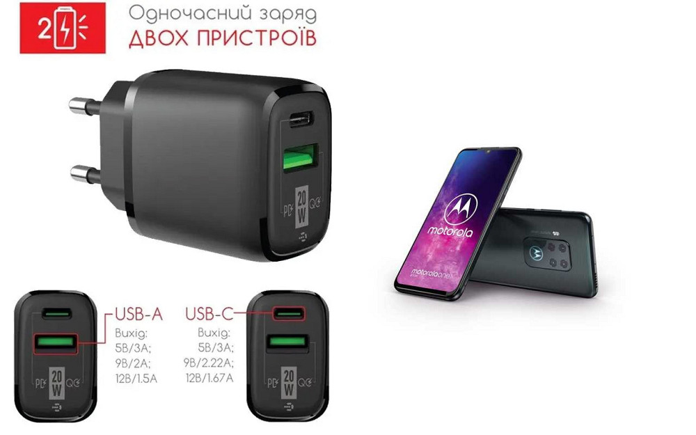Сетевое зарядное устройство для Motorola One Zoom, 20W 3A, Quick Charge 3.0 Киев - изображение 1