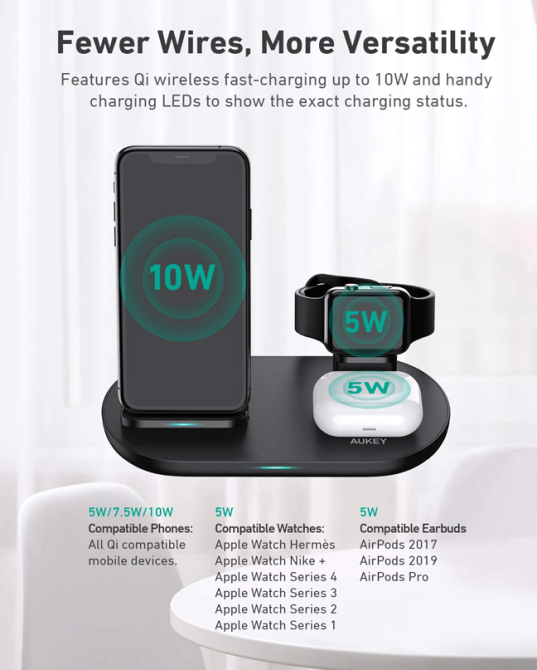 Бездротова зарядна станція 3 в 1 Aukey LC-A3 для iPhone, Apple Watch, AirPods Швидка зарядка Qi 10W Київ - фото 8
