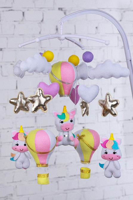Дитячий музичний мобіль на ліжечко для немовлят WooolyWool «Чарівні єдиноріжки» з 35 мелодіями (М025 Київ - фото 1