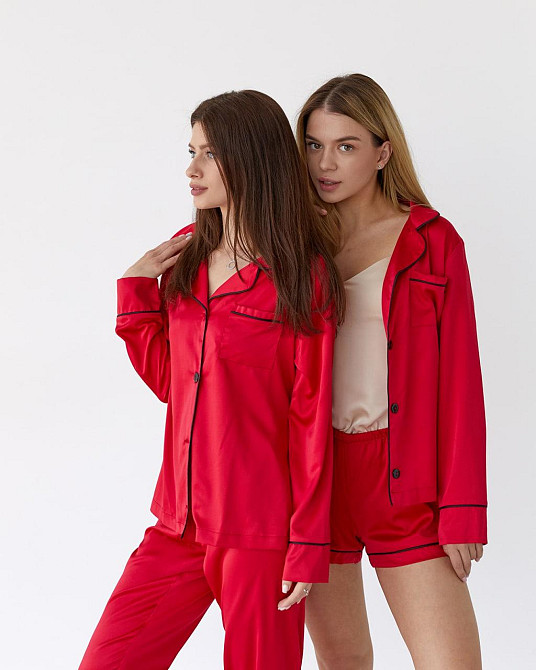 Комплект шелковый тройка рубашка с шортами и штанами Красный L Харьков - изображение 3