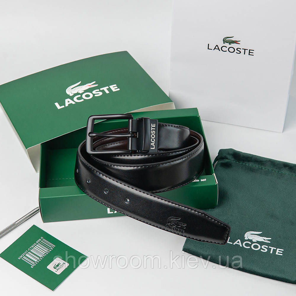Чоловічий шкіряний двосторонній ремінь із чорною пряжкою Lacoste (984) Київ - фото 5