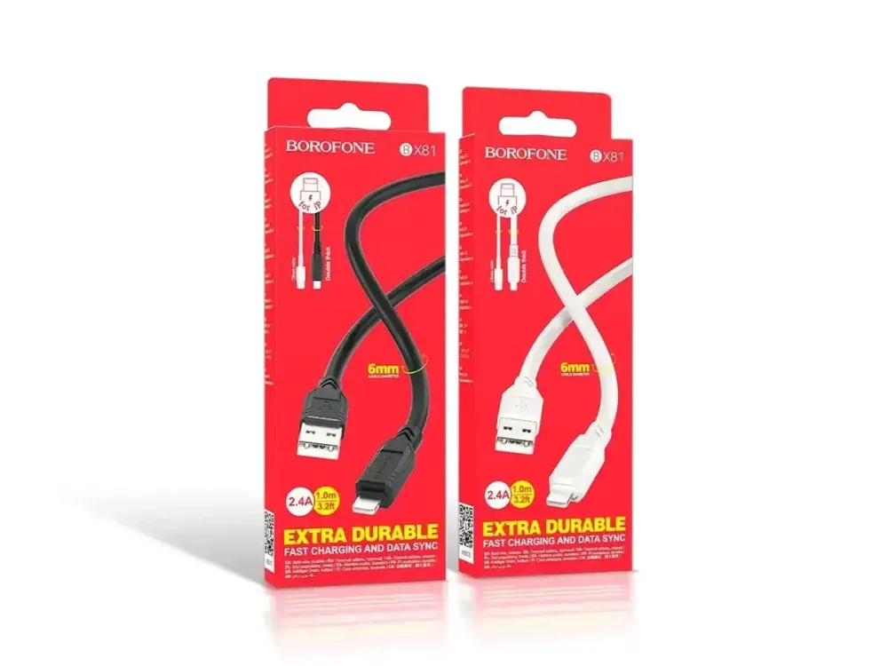 Кабель USB - Lightning Borofone BX81 1м 2.4А товстий міцний 6мм шнур із чіпом захисту для iPhone iPad білий Одеса - фото 1