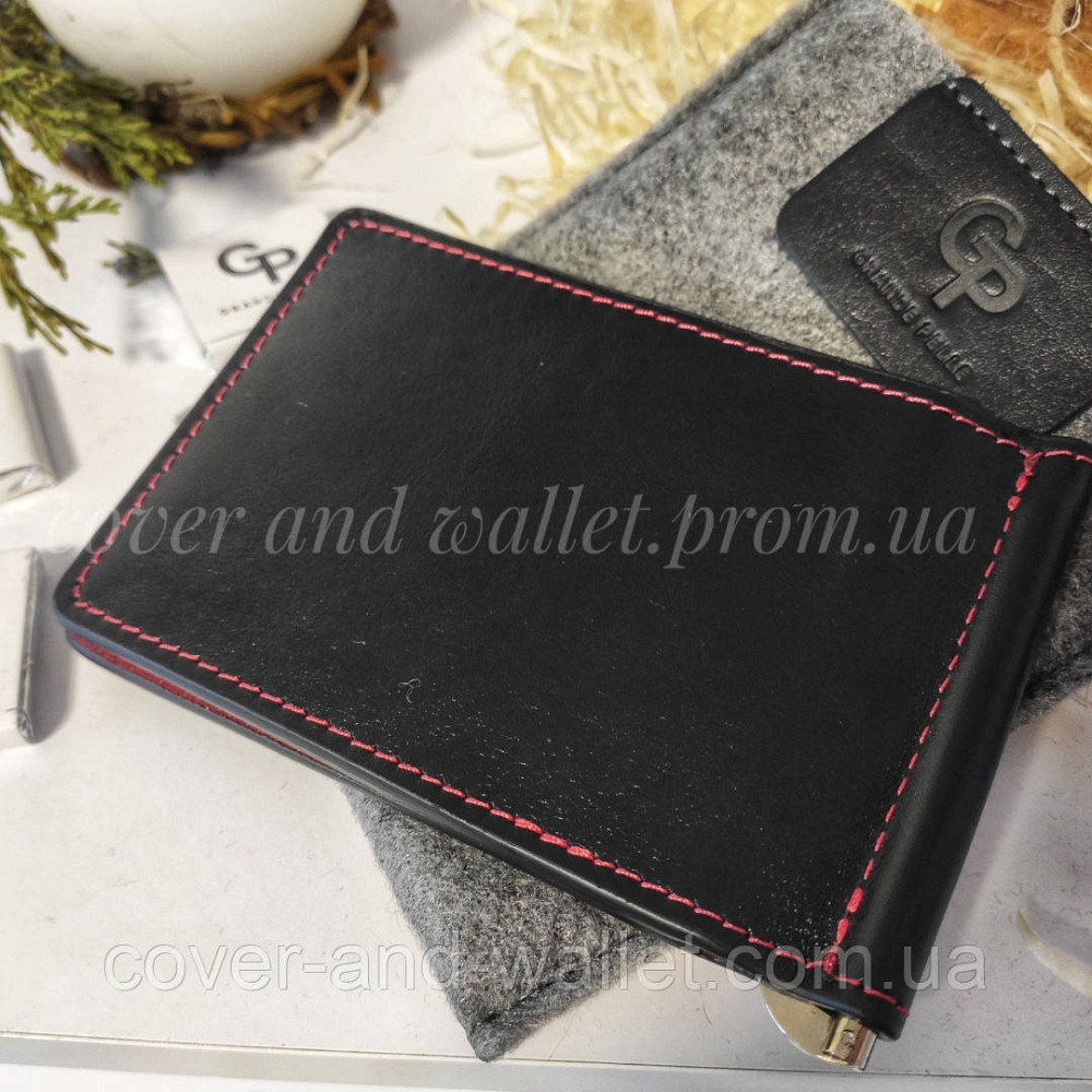 Стильний затискач для грошей та карток з натуральної шкіри червоний з чорним Grande Pelle Onda Київ - фото 5