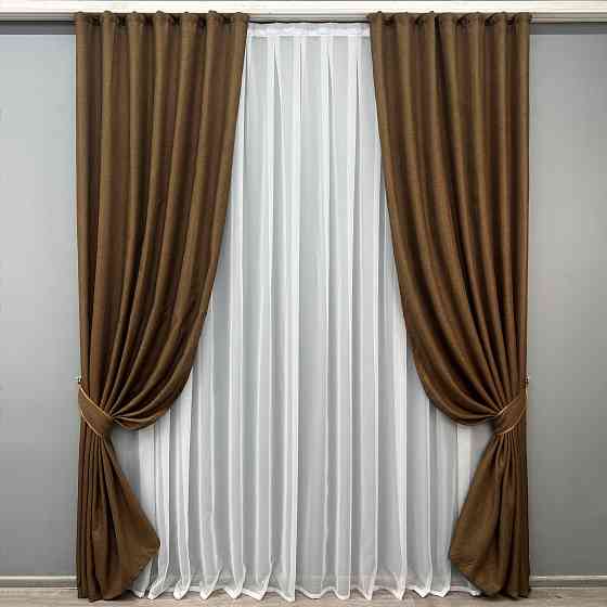 Комплект готовых штор VR-Textil Лен Мешковина № 1922ш Коричневый 150х270 см 2 шт (33-0988) Киев