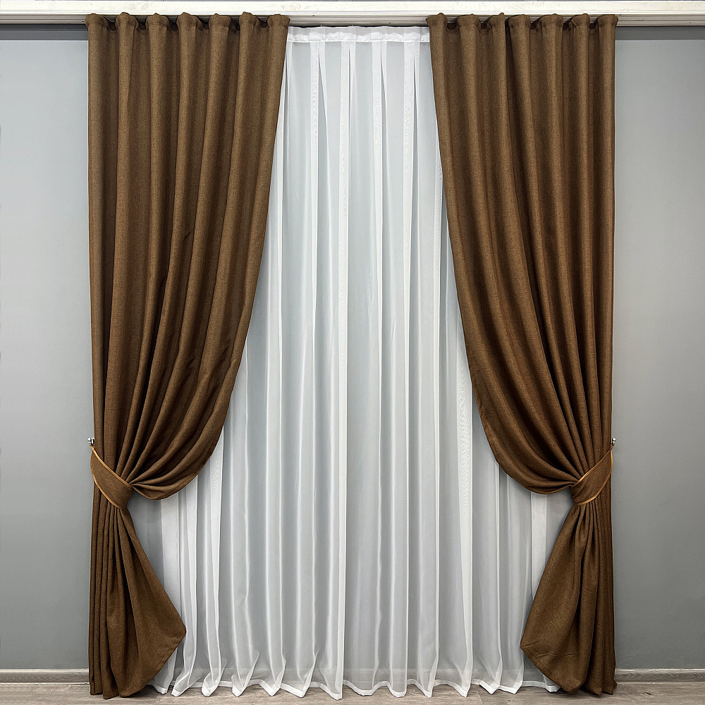 Комплект готовых штор VR-Textil Лен Мешковина № 1922ш Коричневый 150х270 см 2 шт (33-0988) Киев - изображение 2