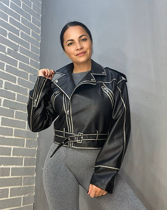 Куртка жіноча Aftf Basic 2466 коротка косуха блискавки пояс варені шви екошкіра чорна, чорний, L Київ - фото 2