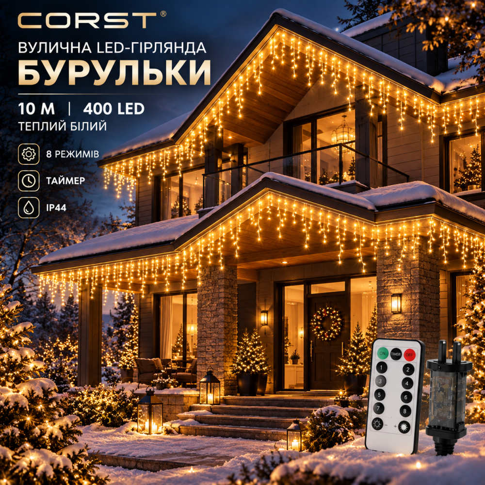 Уличная LED-гирлянда сосульки CORST 10 м 400 LED, теплый белый, пульт, таймер, 8 режимов, IP44 Киев - изображение 1