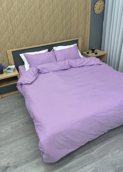 Комплект постільної білизни Страйп-сатин Євро 200х230 з простирадлом на резинці Лавандовий (88-176) Київ - фото 4