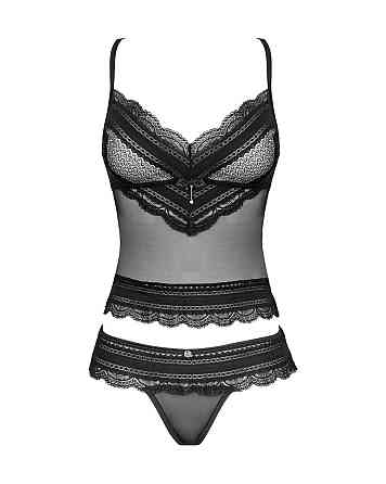Полупрозрачный набор с украшениями Obsessive Ivannes top & thong L/XL, черный, топ и танга Sex Aura Киев