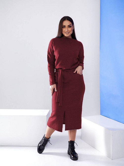 Довга ангорова сукня з поясом "Juliette" оптом | Норма і батал Бордовий, 54-56 Київ - фото 3