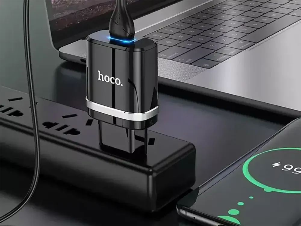 Сетевое зарядное устройство Hoco N1 Ardent 220V (12W, 5V/2.4A) с подсветкой USB и кабелем Lightning для iPhone/iPad Одесса - изображение 2
