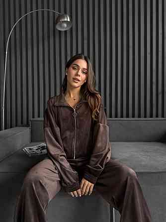 Жіночий прогулянковий костюм-двійка: кофта та штани з турецького велюру Шоколад, 42/44 Одеса