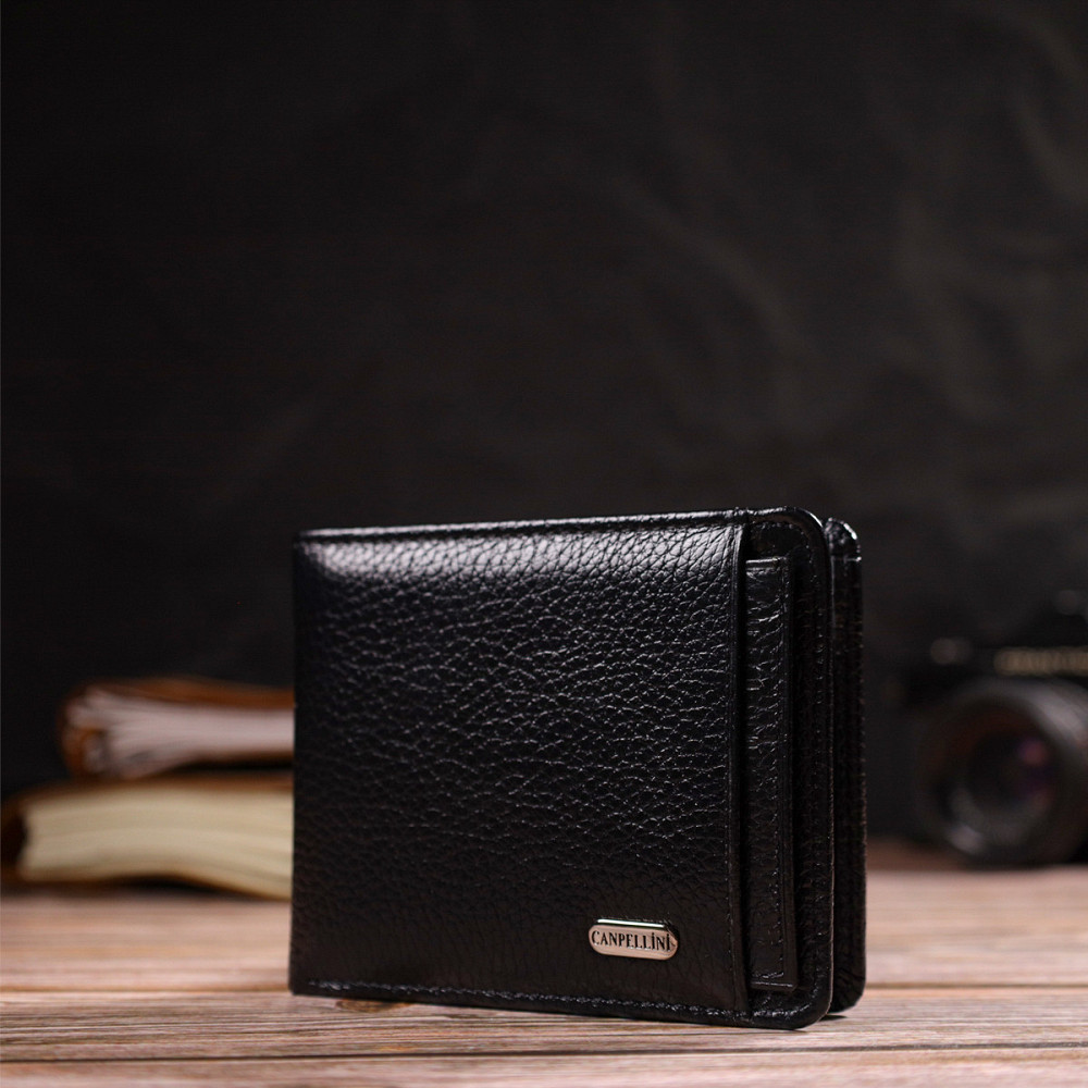 Оригінальний компактний гаманець із вкладишем для посвідчення для чоловіків із натуральної шкіри флотар Чорний (CANPELLINI) Київ - фото 2