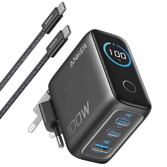 Мережевий зарядний пристрій Anker GaN Charger 100 W, 2xUSB-C, 1xUSB-A, Display Dark Gray (B121BGZ1) + кабель USB Type-C ( 17515 ) Харьков