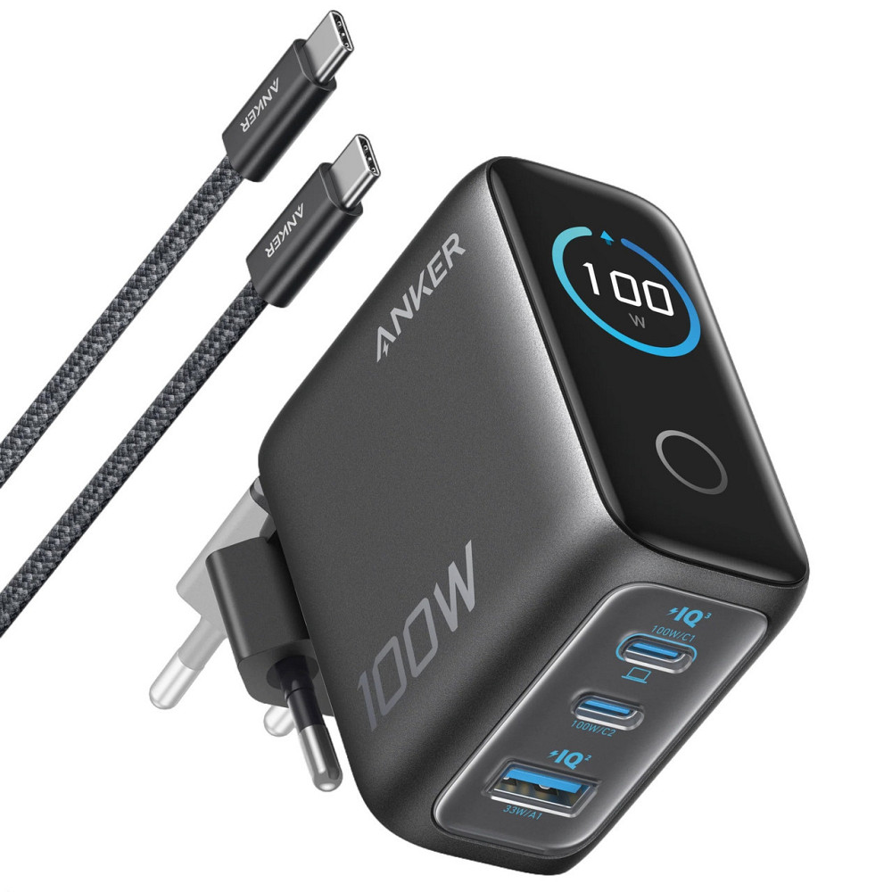 Мережевий зарядний пристрій Anker GaN Charger 100 W, 2xUSB-C, 1xUSB-A, Display Dark Gray (B121BGZ1) + кабель USB Type-C ( 17515 ) Харків - фото 1