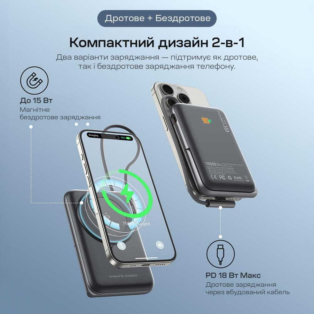 Повербанк 10000mAh Choetech B735 Black QC3.0 PD3.0 бездротова магнітна зарядка, вбудований кабель, підставка (43-00149) Київ - фото 5