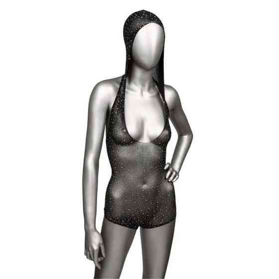 Боді-сітка в стразах із капюшоном CalExotic Hooded Deep V Bodysuit, чорний Sex Aura Київ