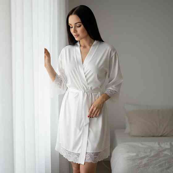 Халат жіночий сатиновий з мереживом Білий 3XL/4XI Харків