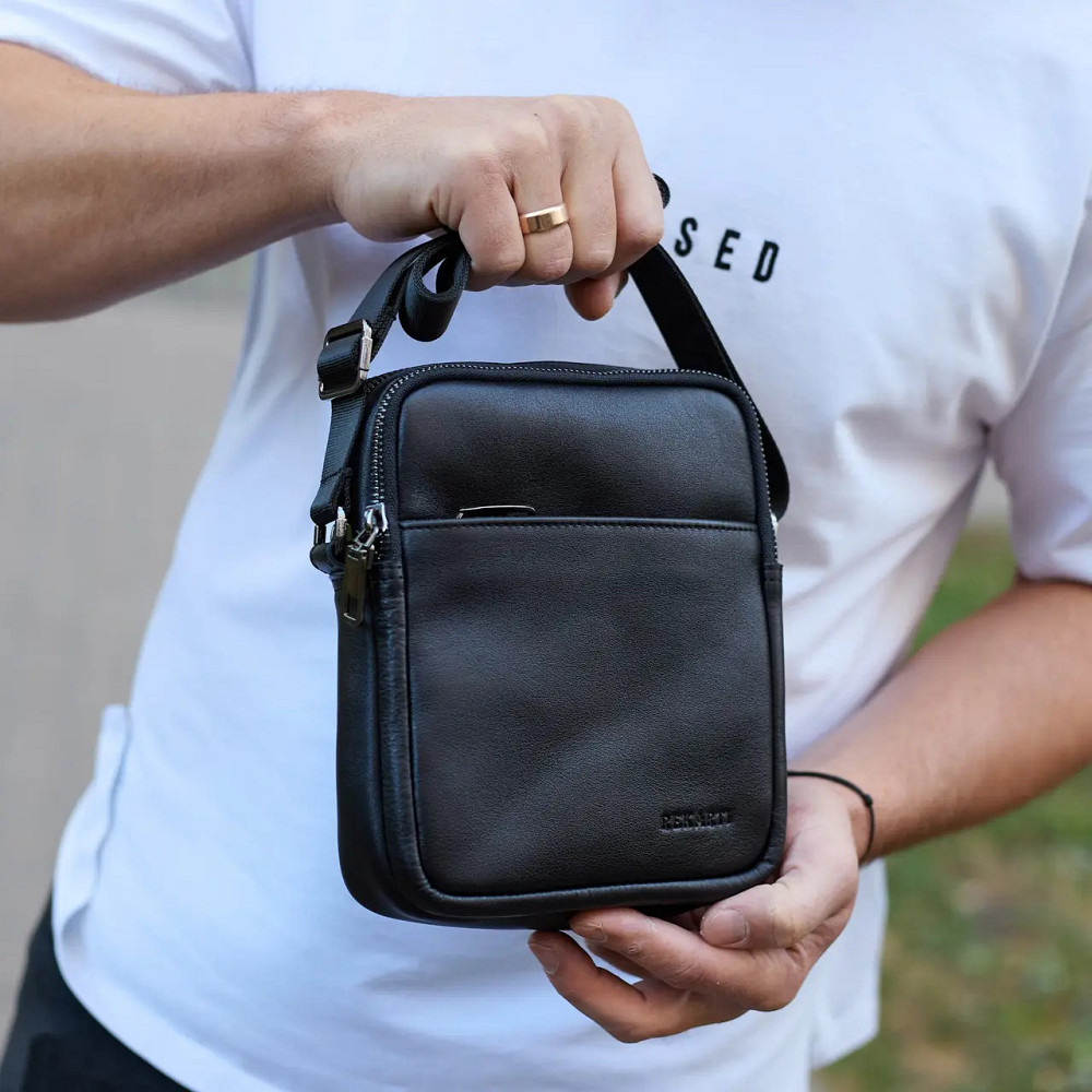 Мужская черная кожаная сумка-мессенджер Кожаный мужской мессенджер черный Tiding Bag Київ - фото 5
