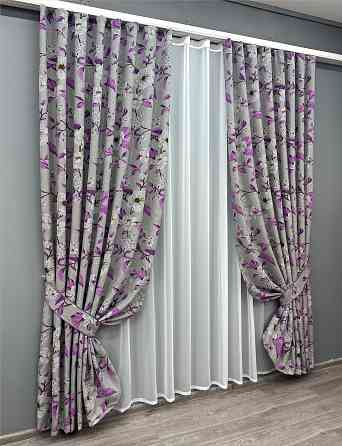 Комплект готових штор VR-Textil Льон з квітковим принтом "Прованс" № 1820ш Сірий з фіолетовим 140х265 см 2 шт (39-963) Київ