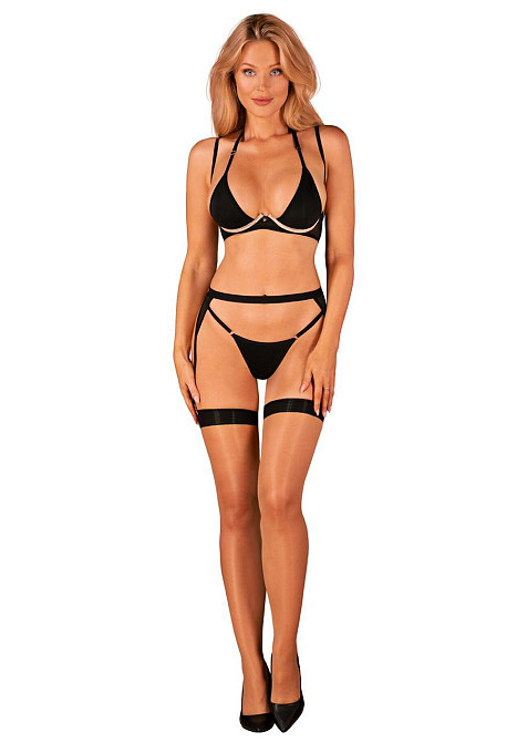 Комплект білизни Obsessive Selinne 3-pcs set M/L Black, бюстгальтер, стрінги пояс для панчіх Sex Aura Київ - фото 6