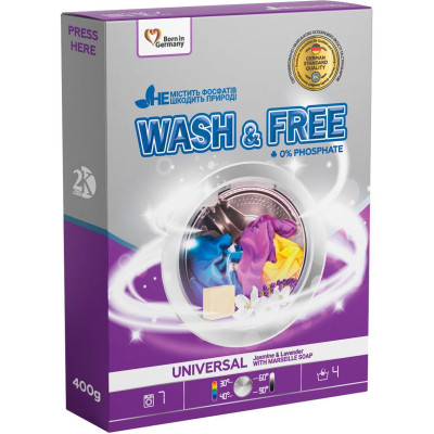 Пральний порошок Wash&amp;Free Universal Жасмін та лаванда з марсельським милом 400 г (4262396140876) Вінниця - фото 1