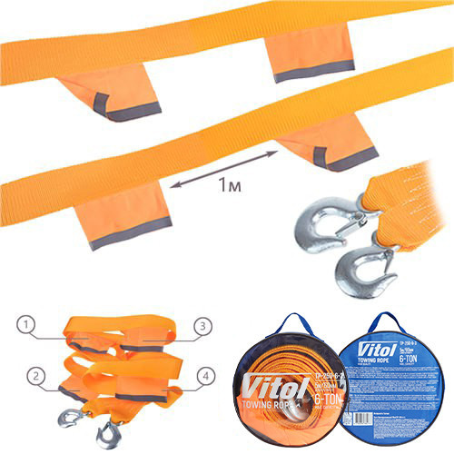 Буксировочный трос ТР-250-6-3 6т лента 60мм 5м оранжевый с 2 крюками, флажками и сумкой Харьков - изображение 2