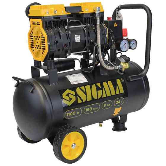 Компрессор двухцилиндровый безмасляный 1.1кВт 1400об/мин 160л/мин 8бар 58дБ 24л SIGMA (7042521) Киев