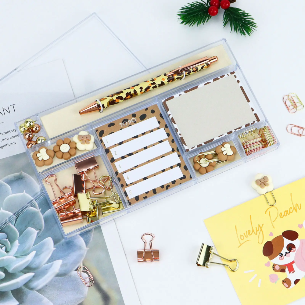 Подарунковий набір канцелярії для навчання і роботи, органайзер, ручка, скріпки і стікери, леопардовий бокс Кам'янець-Подільський - фото 2