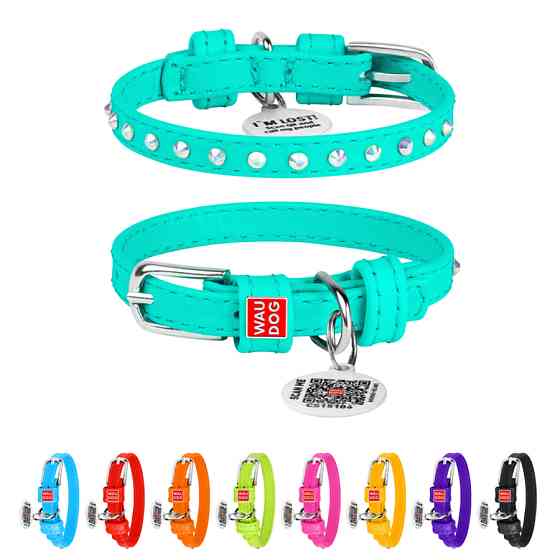 Нашийник для собак шкіряний WAUDOG Glamour з QR паспортом, з клейовими стразами, Ш 9 мм, Дов 19 Коломия