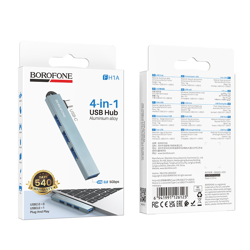 USB-хаб BOROFONE FH1A 4-in-1 converter(Type-C to USB2.0*3+USB3.0) Metal Gray Одеса - фото 2
