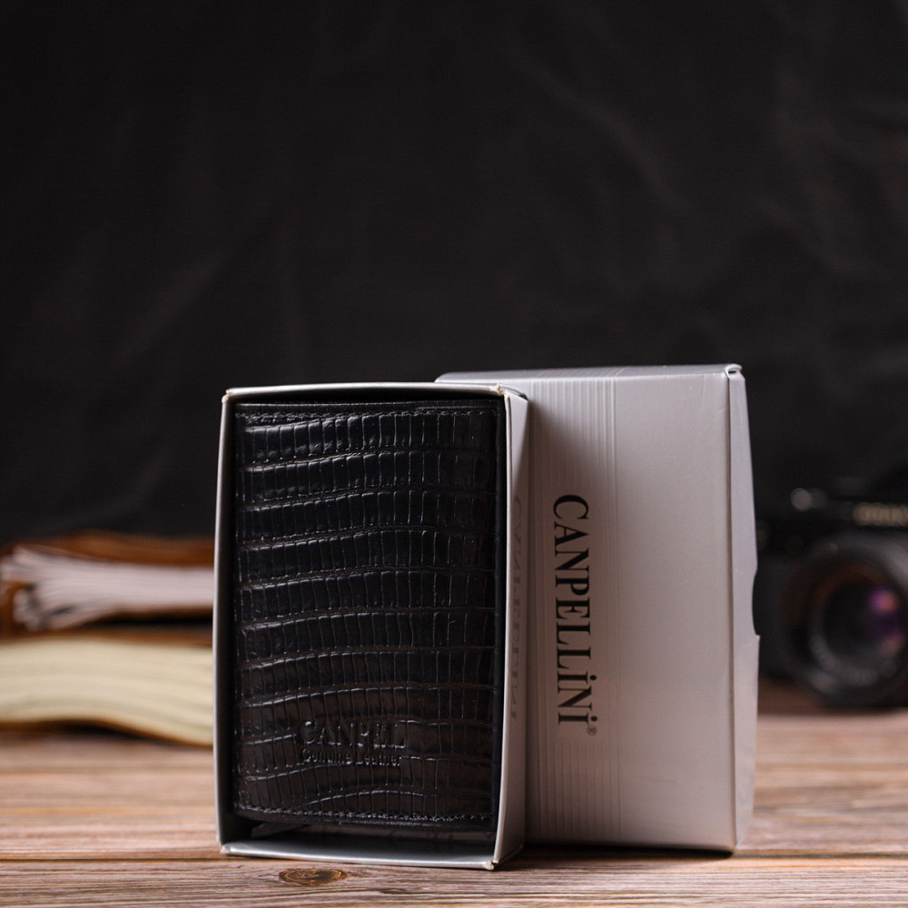 Фактурний картхолдер унісекс у три складання з автоматичним механізмом з натуральної шкіри з тисненням CANPELLINI 21931 Чорний Київ - фото 10
