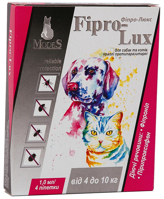 Капли ModeS Фипро-Люкс противопаразитарные для собак и котов 4 - 10 кг (4 шт х 1 мл) Винница - изображение 1