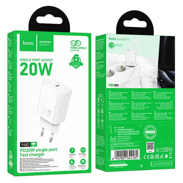 Сетевое зарядное устройство HOCO N60 Gentle single port PD20W charger (EU) White Одесса - изображение 2