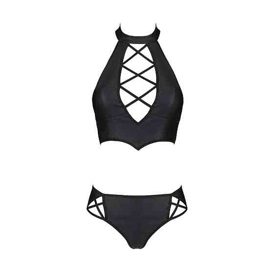 Комплект из экокожи Passion NANACY BIKINI 6XL/7XL black, бра и трусики с имитацией шнуровки Sex Aura Киев