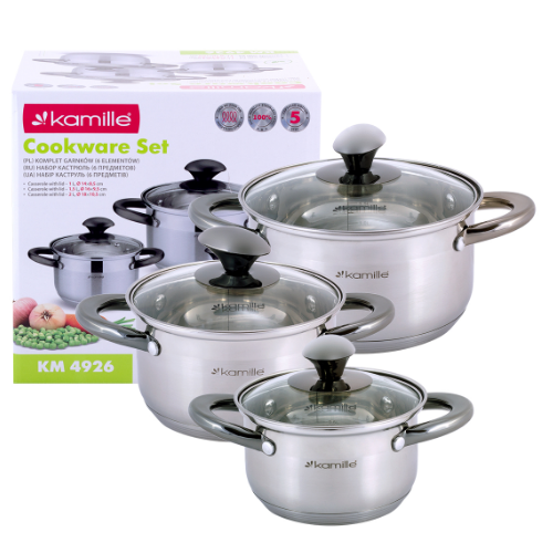 Набір каструль 6 предметів (каструлі 1/1,5/2л) нержавіюча сталь порожнисті чорні ручки 4926 KAMILLE Житомир - фото 10