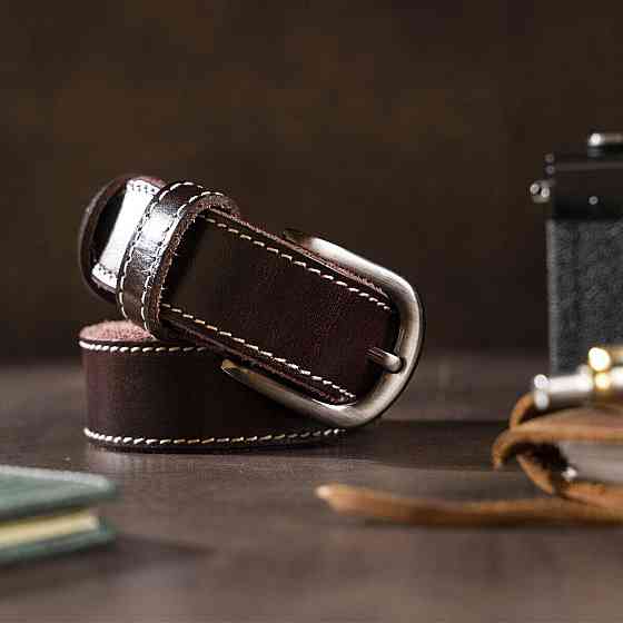 Ремень унисекс со строчкой по краям Vintage 20125 Темно-коричневый Киев