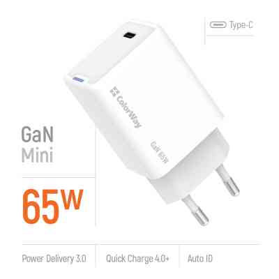 Зарядное устройство ColorWay GaN Mini 65W PD Port PPS USB-C white (CW-CHS049PD-WT) Винница