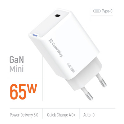Зарядний пристрій ColorWay GaN Mini 65W PD Port PPS USB-C white (CW-CHS049PD-WT) Вінниця - фото 2