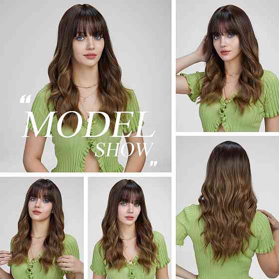 Парик женский каштановый омбре волнистый с челкой 51 см длинный, термостойкие синтетические волосы коричневые Киев