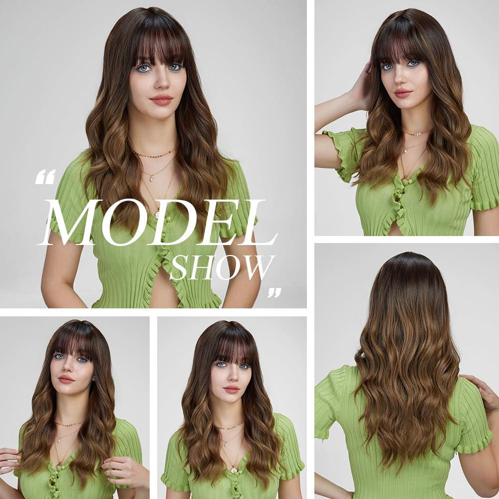 Парик женский каштановый омбре волнистый с челкой 51 см длинный, термостойкие синтетические волосы коричневые Киев - изображение 6