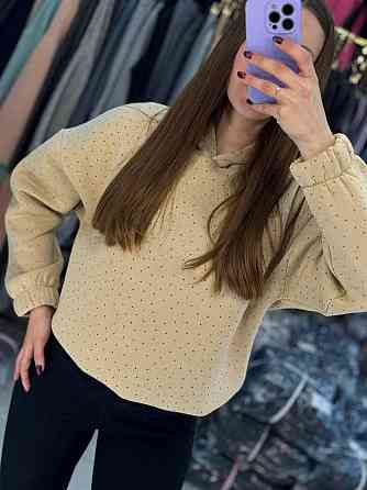 Женский утепленный блестящий худи со стразами трехнитка на флисе Бежевый, 46/48 Одесса