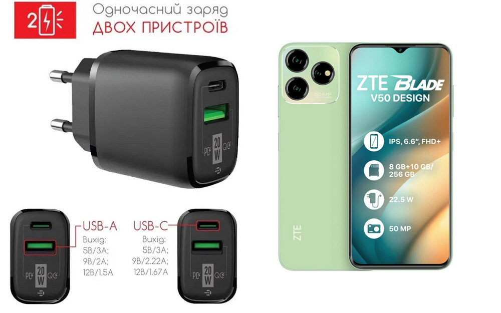 Мережевий зарядний пристрій для ZTE Blade V50 5G, Blade V50 Design, 20W 3A, Quick Charge 3.0 Київ - фото 1