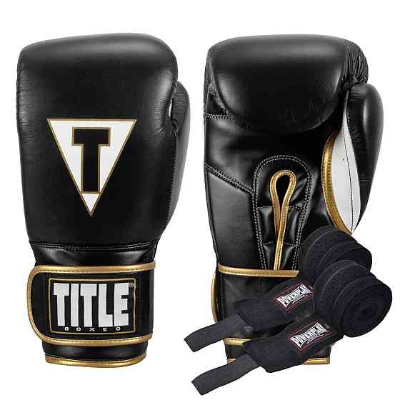 Боксерські рукавиці TITLE Boxeo Mexican Leather Quatro Black/White 14 oz (бинти 4м. в комплекті) Каменское