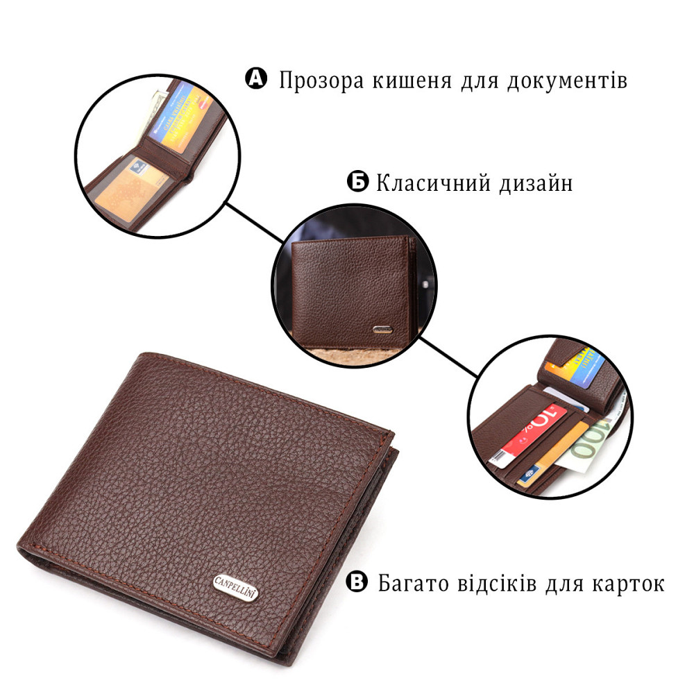 Практичный кошелек для мужчин в два сложения из натуральной кожи флотар Коричневый (CANPELLINI) Киев - изображение 8
