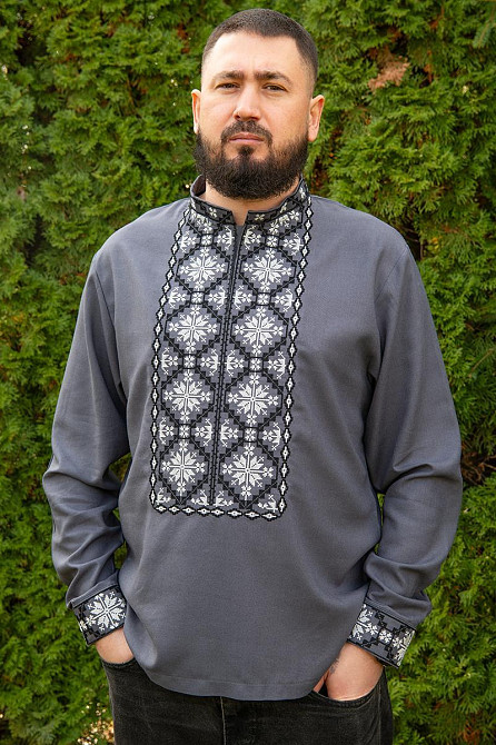 Вишиванка чоловіча, лляна, з довгим рукавом, темно-сіра льон  , топ 46 Київ - фото 1