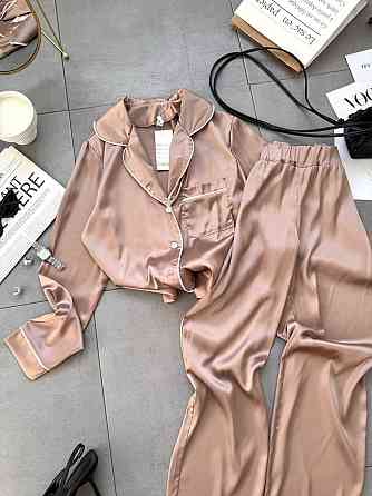 Жіноча легка піжама-двійка: сорочка та штани шовк Бежевий, 42/44 Одеса