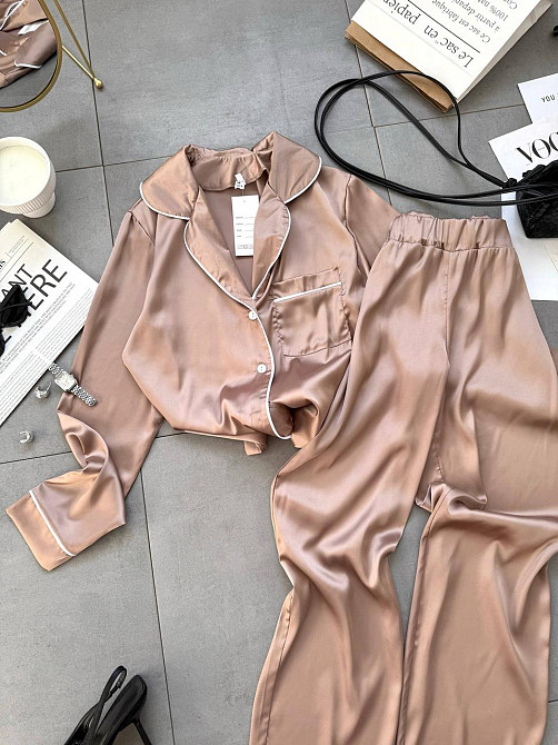 Жіноча легка піжама-двійка: сорочка та штани шовк Бежевий, 42/44 Одеса - фото 2