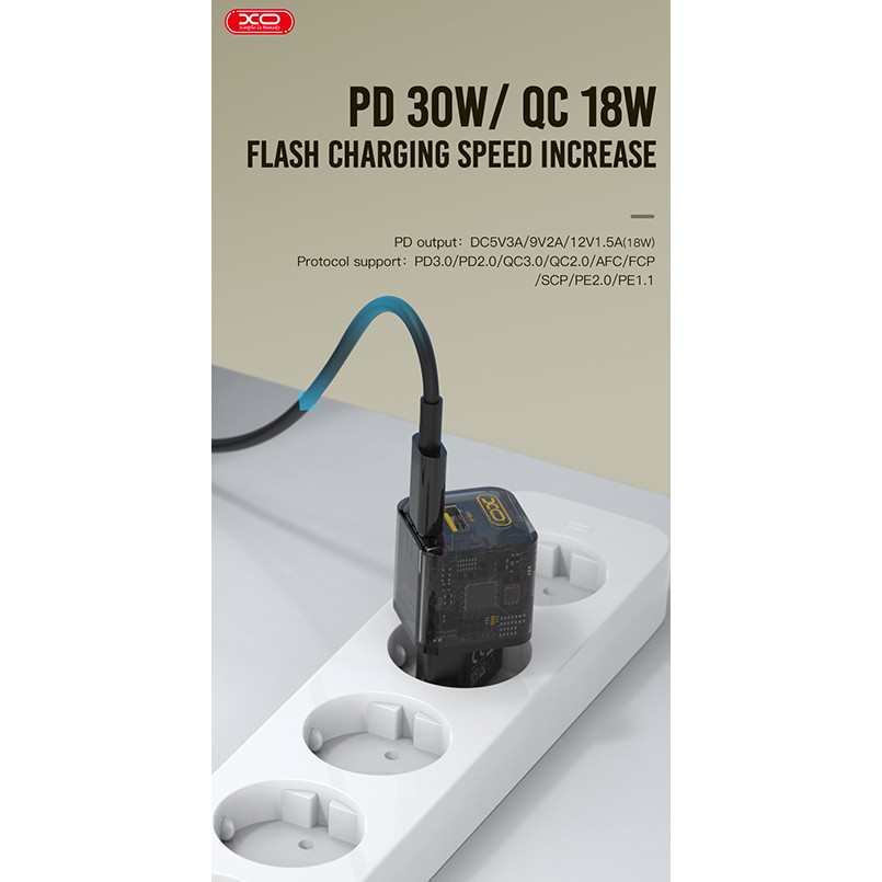 Мережевий зарядний пристрій XO CE05 Gan PD30W+QC3.0 18W + Type-c кабель коричневий Львів - фото 2