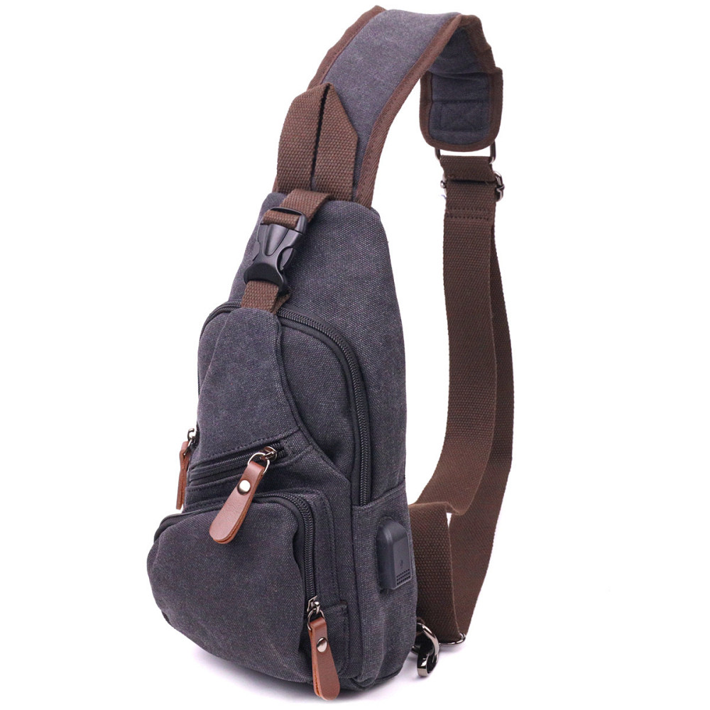 Чоловіча сумка через плече з кабелем USB текстильна 21221 Vintage Чорна Київ - фото 1